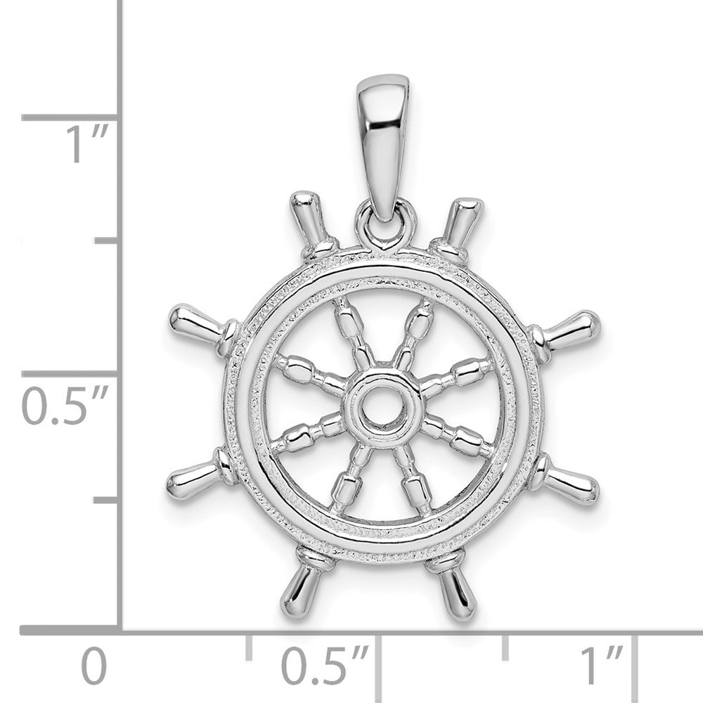 Sterling Silver Rhodium-plated Polished Cut-out 3D Ships Wheel Pendant