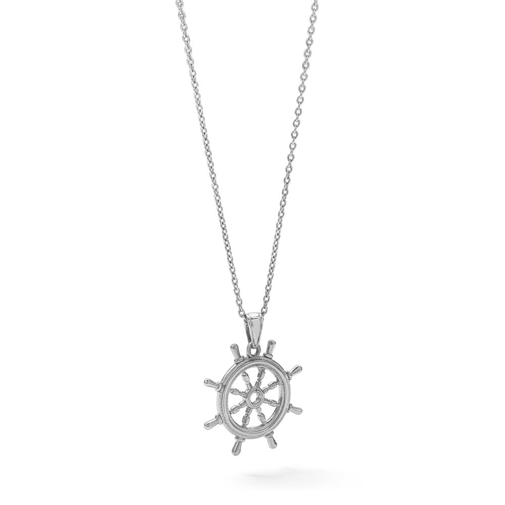 Sterling Silver Rhodium-plated Polished Cut-out 3D Ships Wheel Pendant