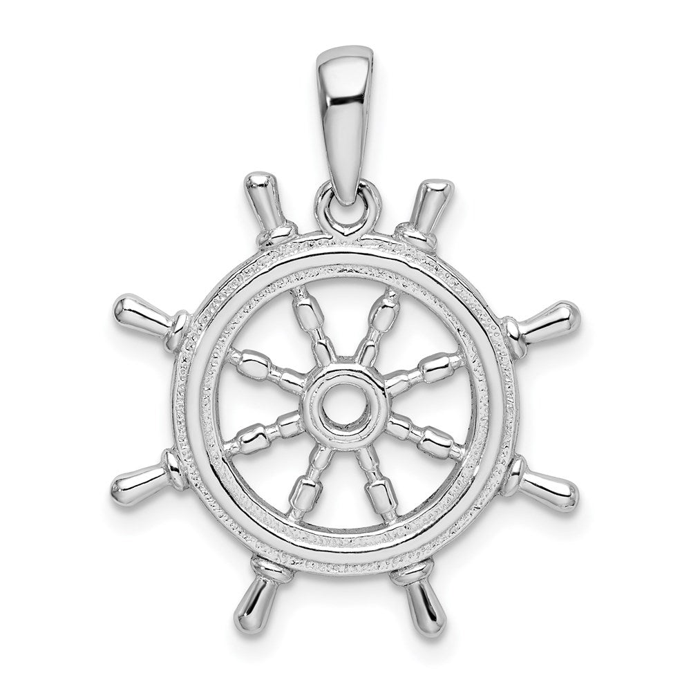 Sterling Silver Rhodium-plated Polished Cut-out 3D Ships Wheel Pendant