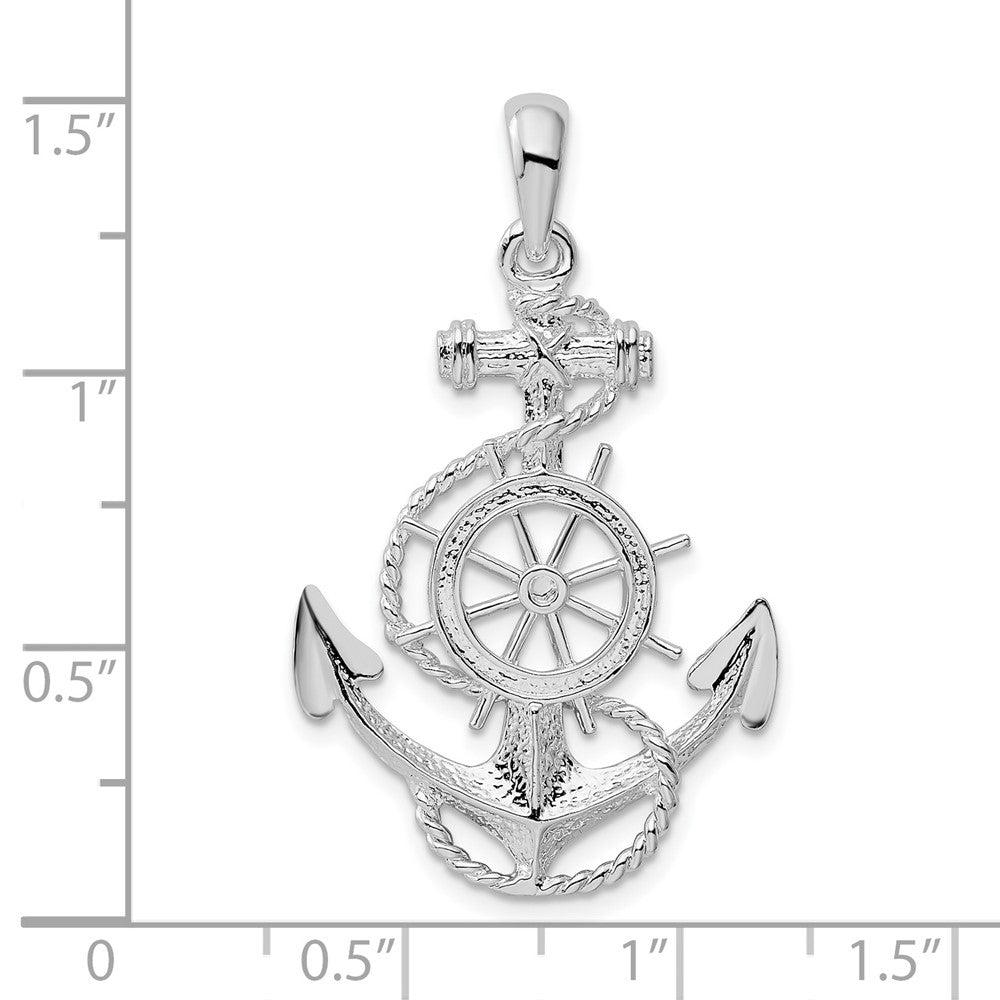 Sterling Silver Rhodium-plated Polished Anchor w/Ships Wheel Pendant