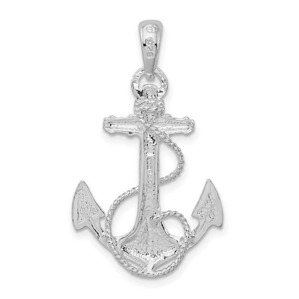 Sterling Silver Rhodium-plated Polished Anchor w/Rope Pendant