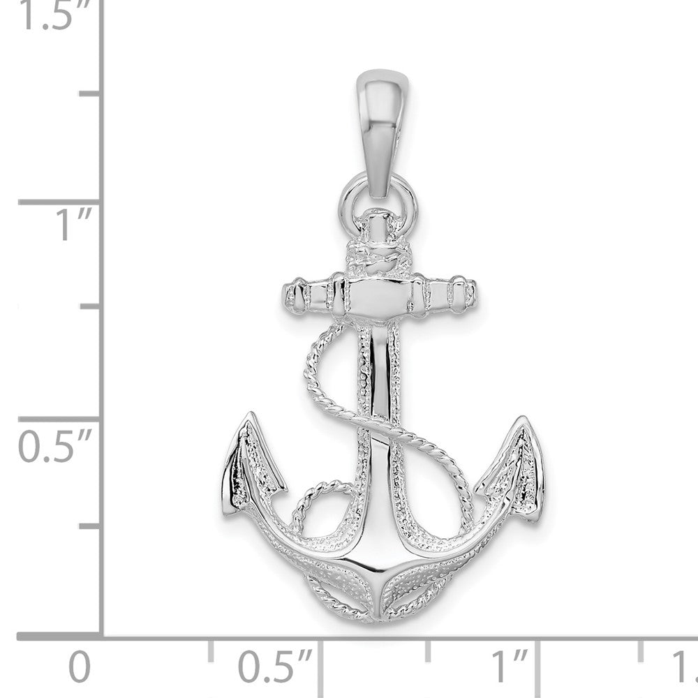 Sterling Silver Rhodium-plated Polished Anchor w/Rope Pendant