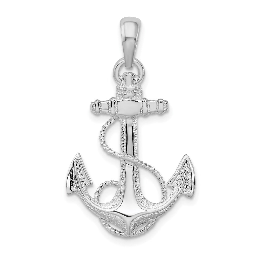 Sterling Silver Rhodium-plated Polished Anchor w/Rope Pendant