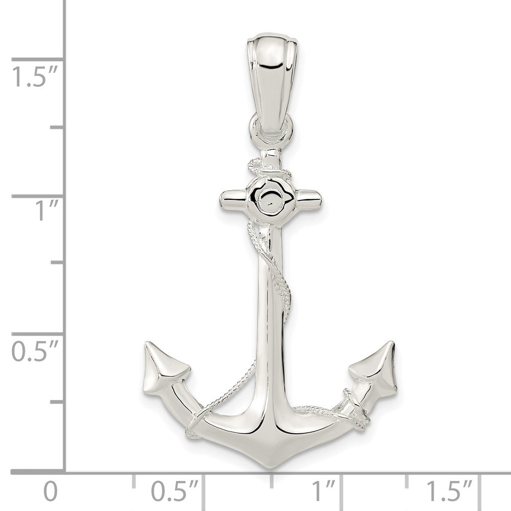 Sterling Silver Rhodium-plated Polished 3D Anchor w/Rope Pendant