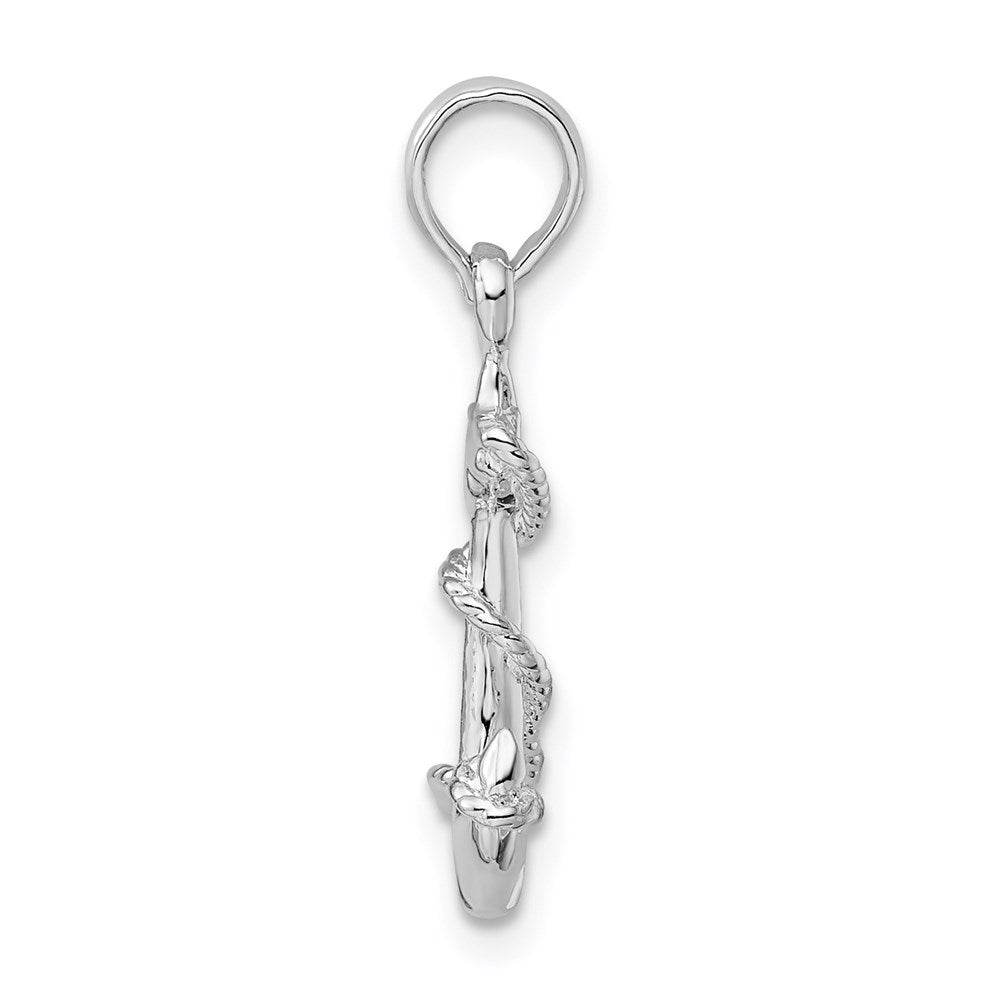 Sterling Silver Rhodium-plated Polished 3D Anchor w/Rope Pendant