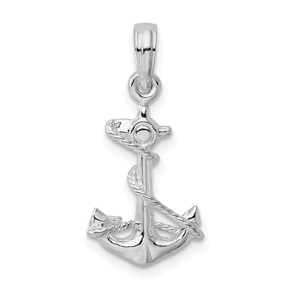 Sterling Silver Rhodium-plated Polished 3D Anchor w/Rope Pendant