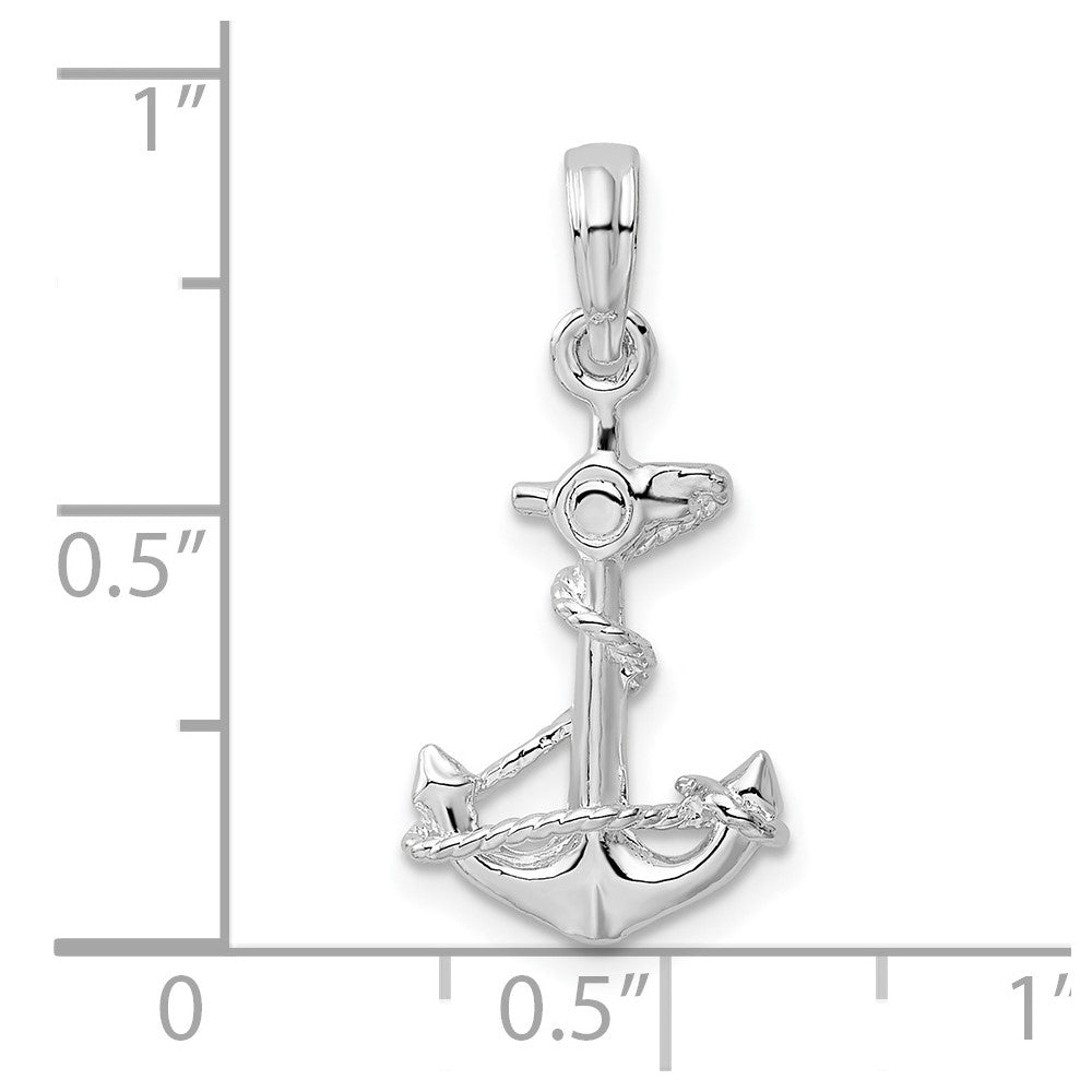 Sterling Silver Rhodium-plated Polished 3D Anchor w/Rope Pendant