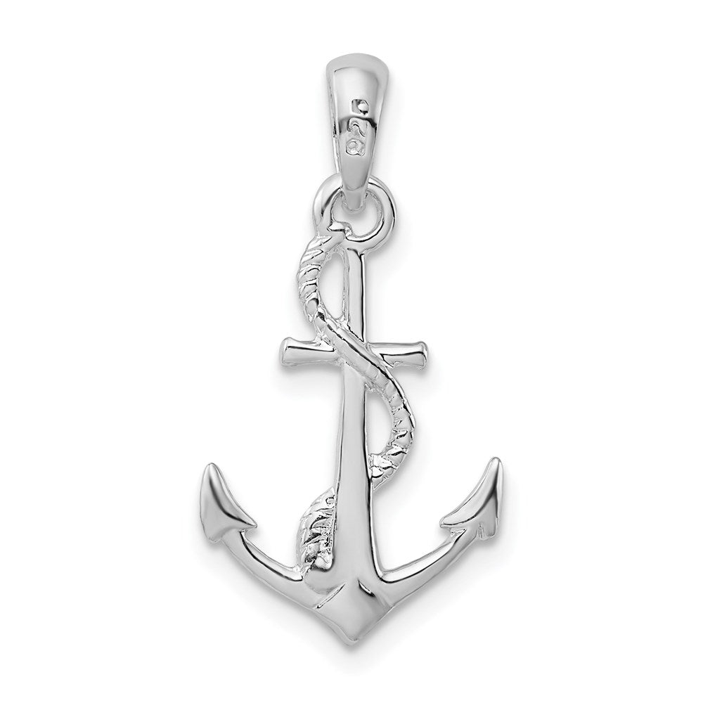Sterling Silver Rhod-plated Polished/Textured 3D Anchor w/Rope Pendant