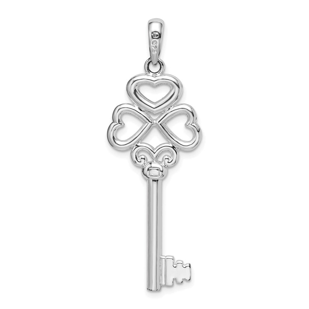 Sterling Silver Rhod-plated 3D KEY TO MY HEART Heart Top Key Pendant