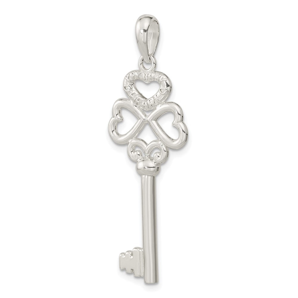 Sterling Silver Rhod-plated 3D KEY TO MY HEART Heart Top Key Pendant