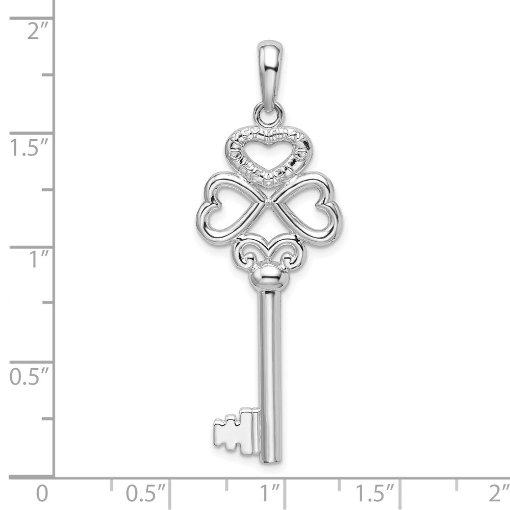 Sterling Silver Rhod-plated 3D KEY TO MY HEART Heart Top Key Pendant
