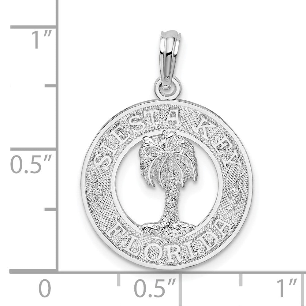 Sterling Silver Rhod-plated Textured Siesta Key,FL w/Palm Tree Pendant