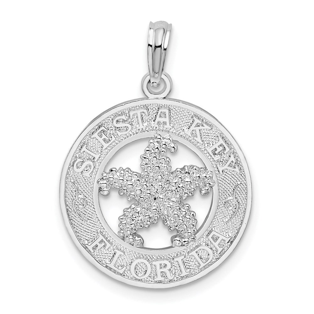 Sterling Silver Rhodium-plated Textured Siesta Key,FL w/Starfish Pendant