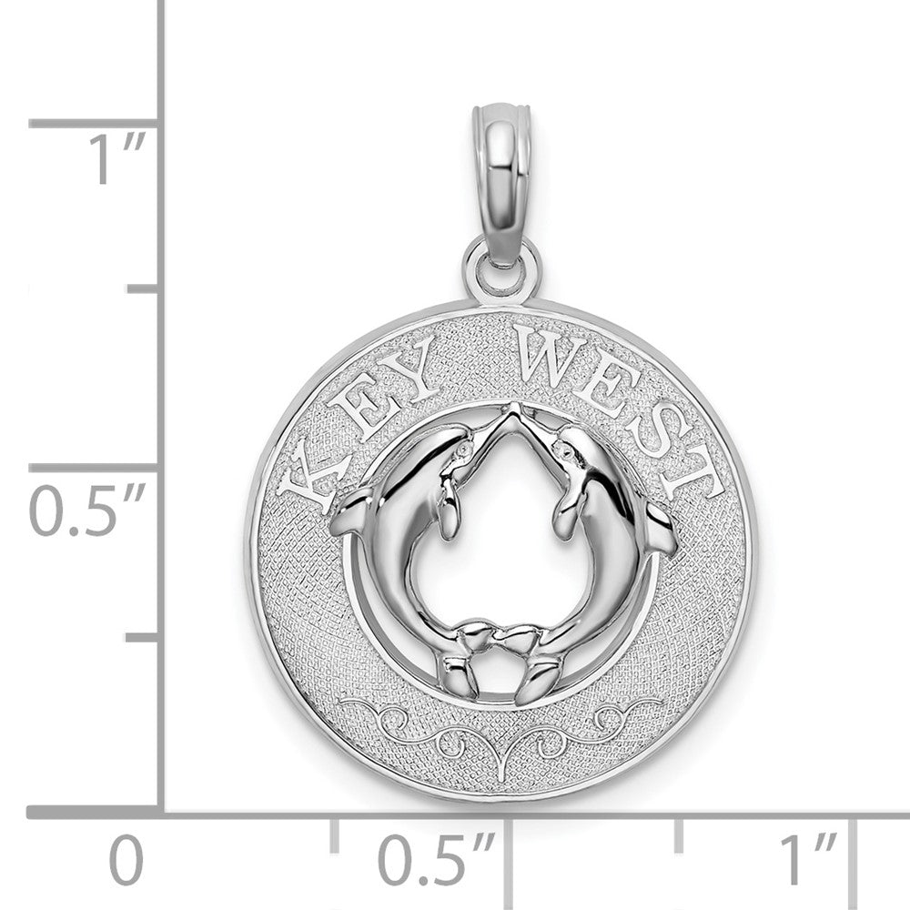 Sterling Silver Rhodium-plated Textured Key West w/Dolphins Pendant
