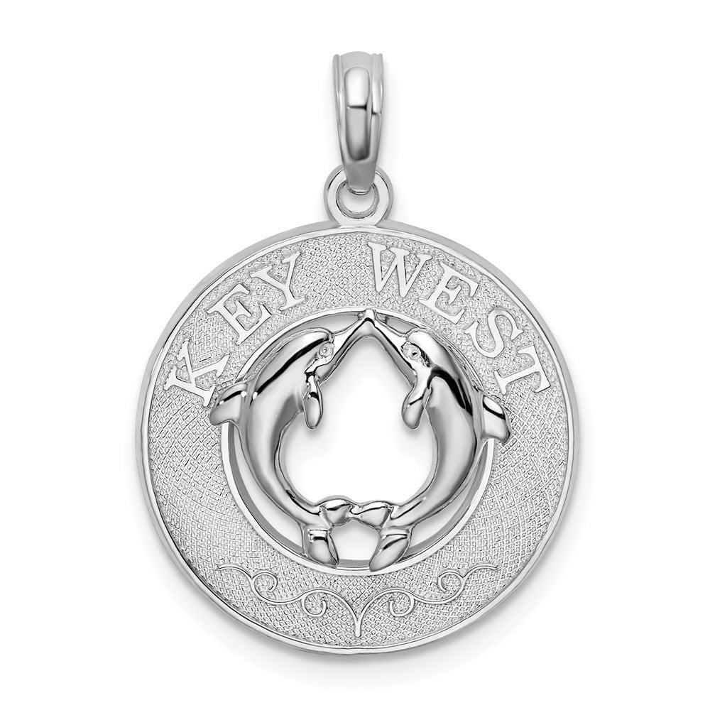 Sterling Silver Rhodium-plated Textured Key West w/Dolphins Pendant