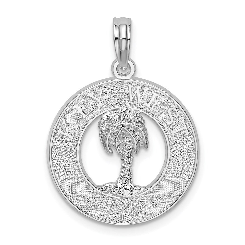Sterling Silver Rhodium-plated Textured Key West w/Palm Tree Pendant