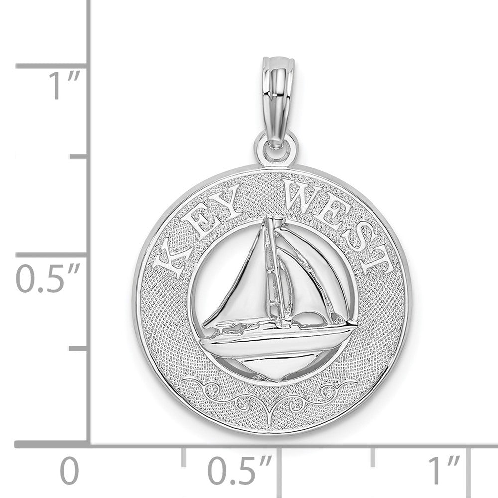 Sterling Silver Rhodium-plated Textured Key West w/Sailboat Pendant