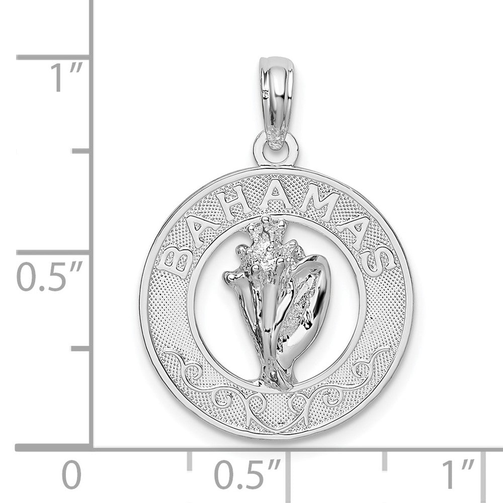 Sterling Silver Rhodium-plated Polished Bahamas Circle w/Shell Pendant