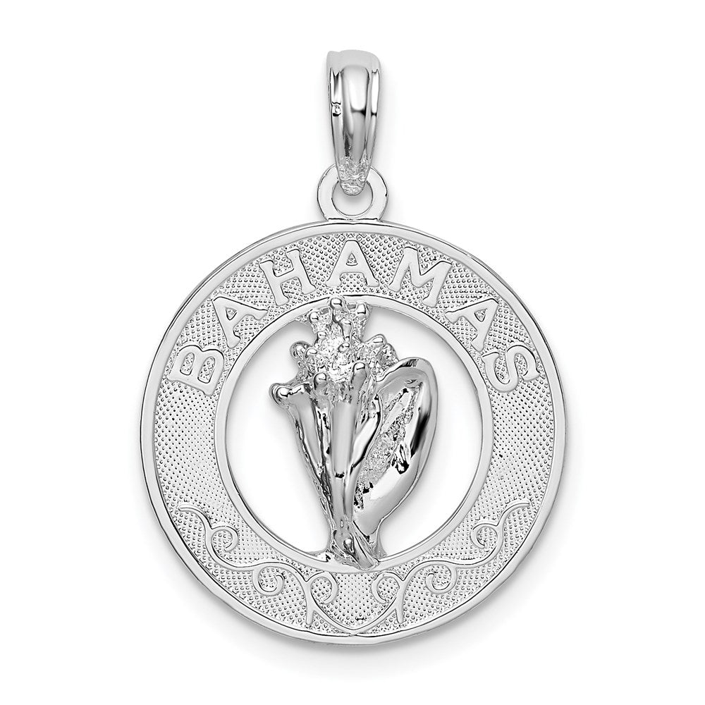 Sterling Silver Rhodium-plated Polished Bahamas Circle w/Shell Pendant