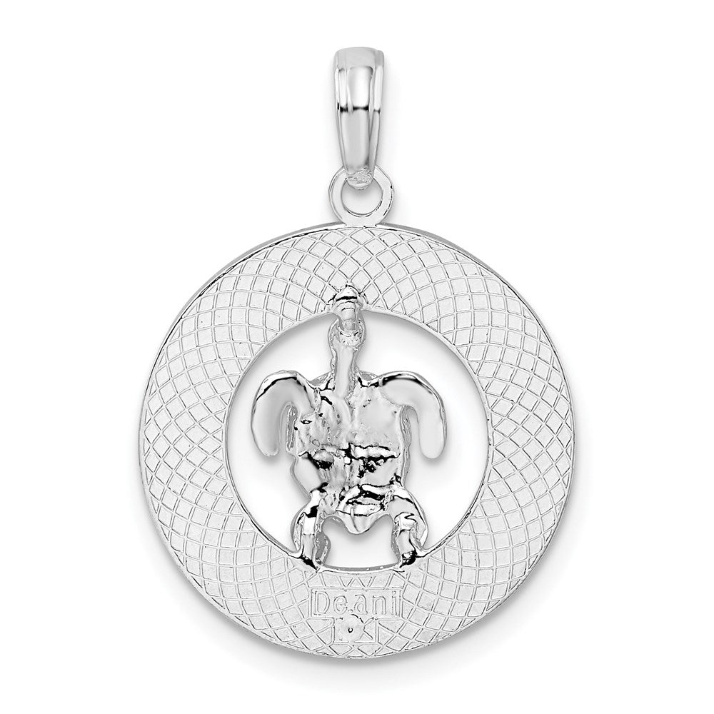 Sterling Silver Rhodium-plated Polished Bonaire Circle w/Turtle Pendant