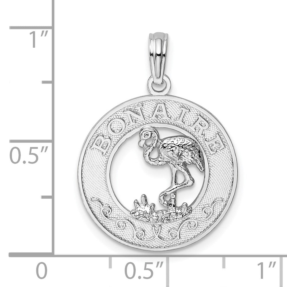 Sterling Silver Rhodium-plated Polished Bonaire Circle Flamingo Pendant