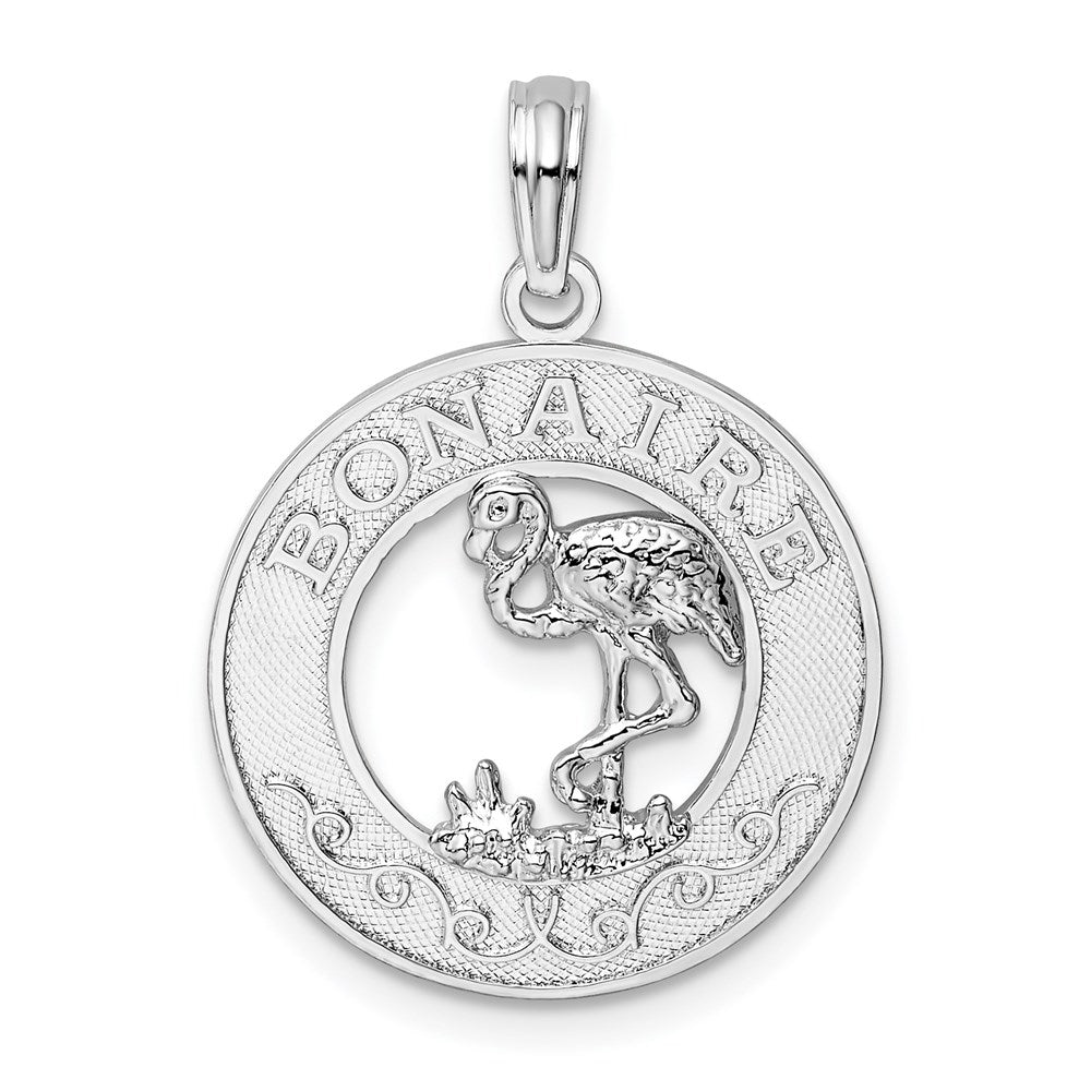 Sterling Silver Rhodium-plated Polished Bonaire Circle Flamingo Pendant