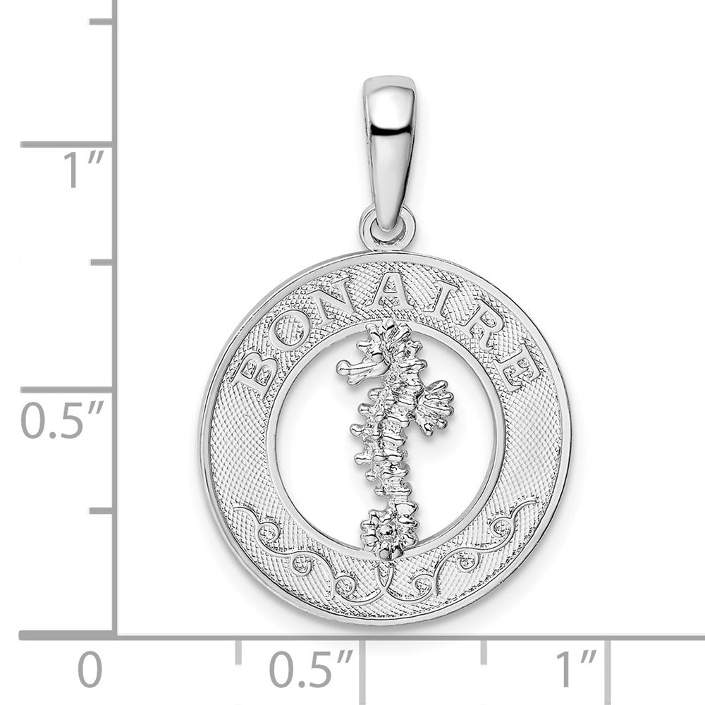 Sterling Silver Rhodium-plated Polished Bonaire Circle Seahorse Pendant