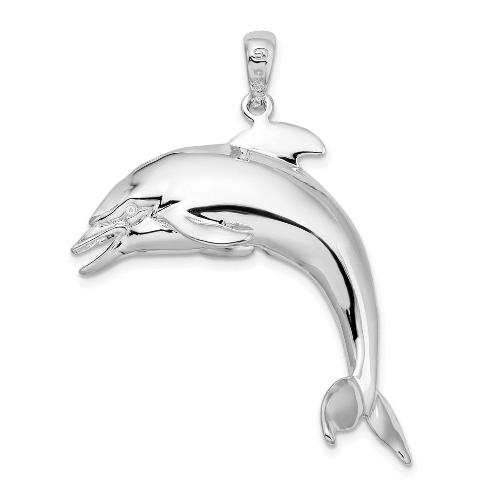 Sterling Silver Rhodium-plated Polished 3D Jumping Dolphin Pendant