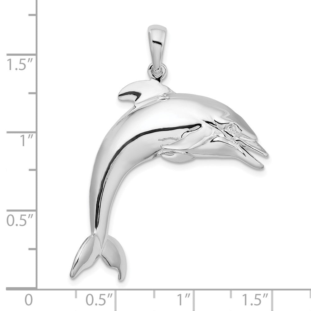 Sterling Silver Rhodium-plated Polished 3D Jumping Dolphin Pendant