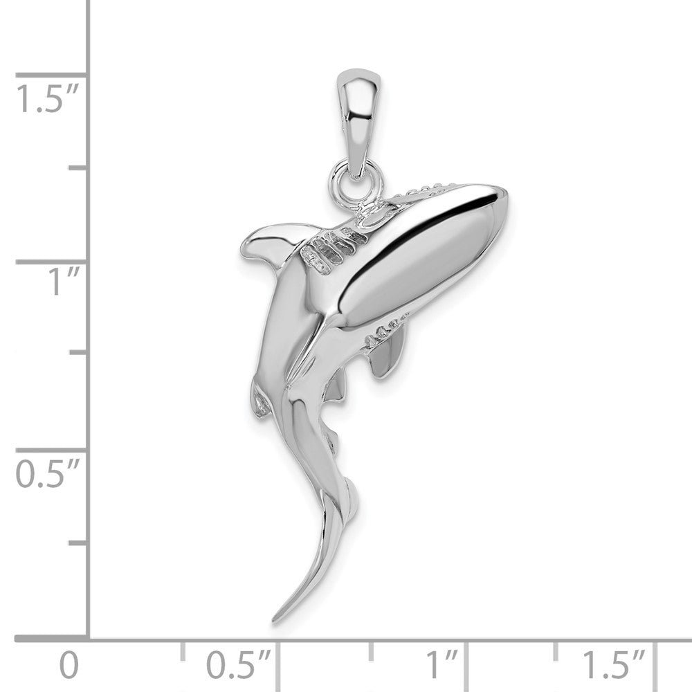 Sterling Silver Rhodium-plated Polished 3D Swimming Shark Pendant