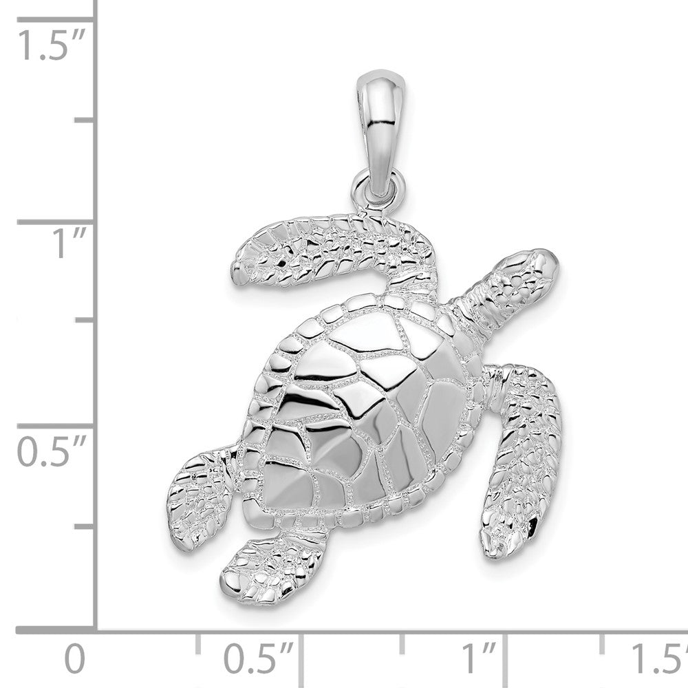 Sterling Silver Rhodium-plated Polished Lg Swimming Sea Turtle Pendant
