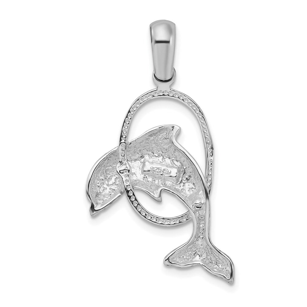 Sterling Silver Rhodium-plated Dolphin Jumping Thru Hoop Pendant