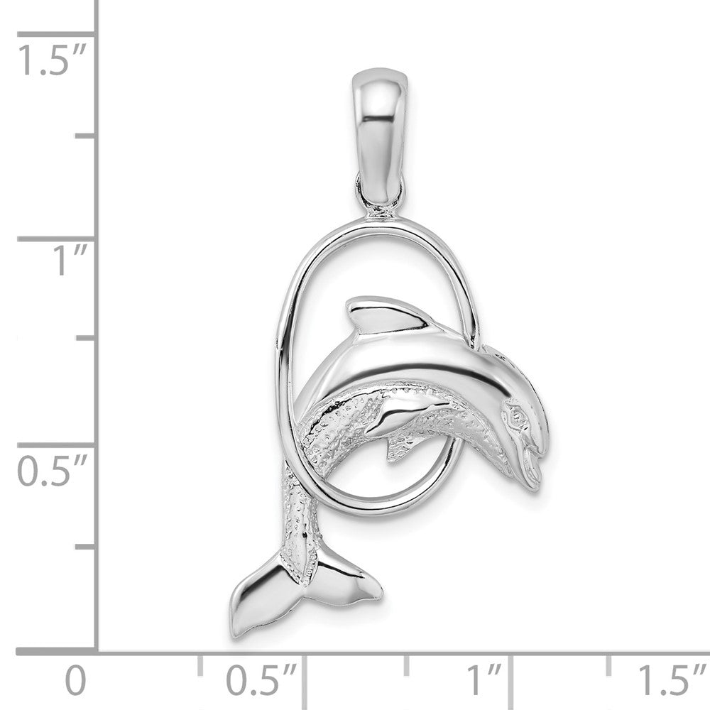 Sterling Silver Rhodium-plated Dolphin Jumping Thru Hoop Pendant