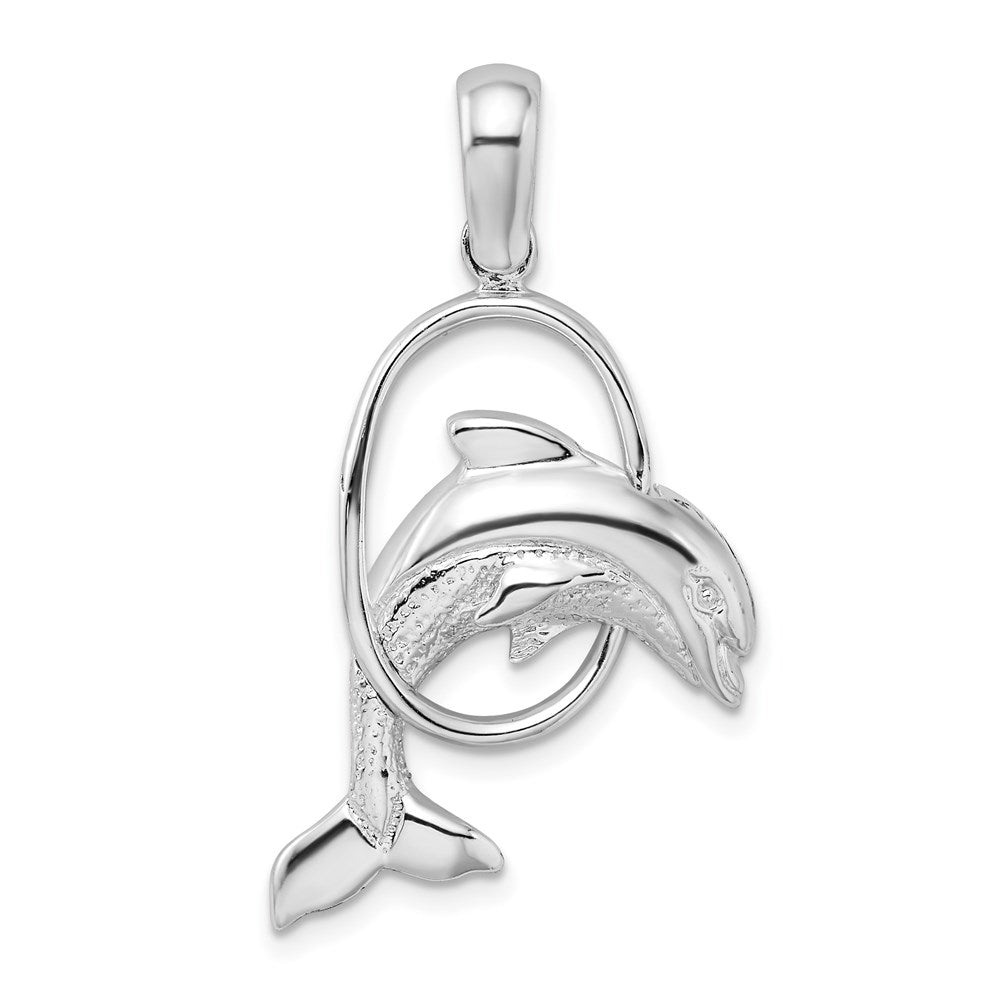 Sterling Silver Rhodium-plated Dolphin Jumping Thru Hoop Pendant