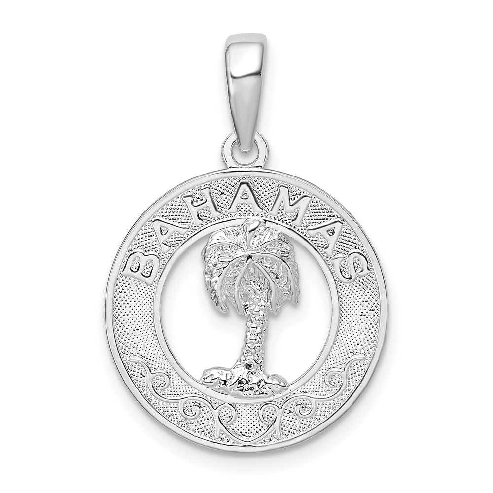 Sterling Silver Rhodium-plated Textured Bahamas w/Palm Tree Pendant