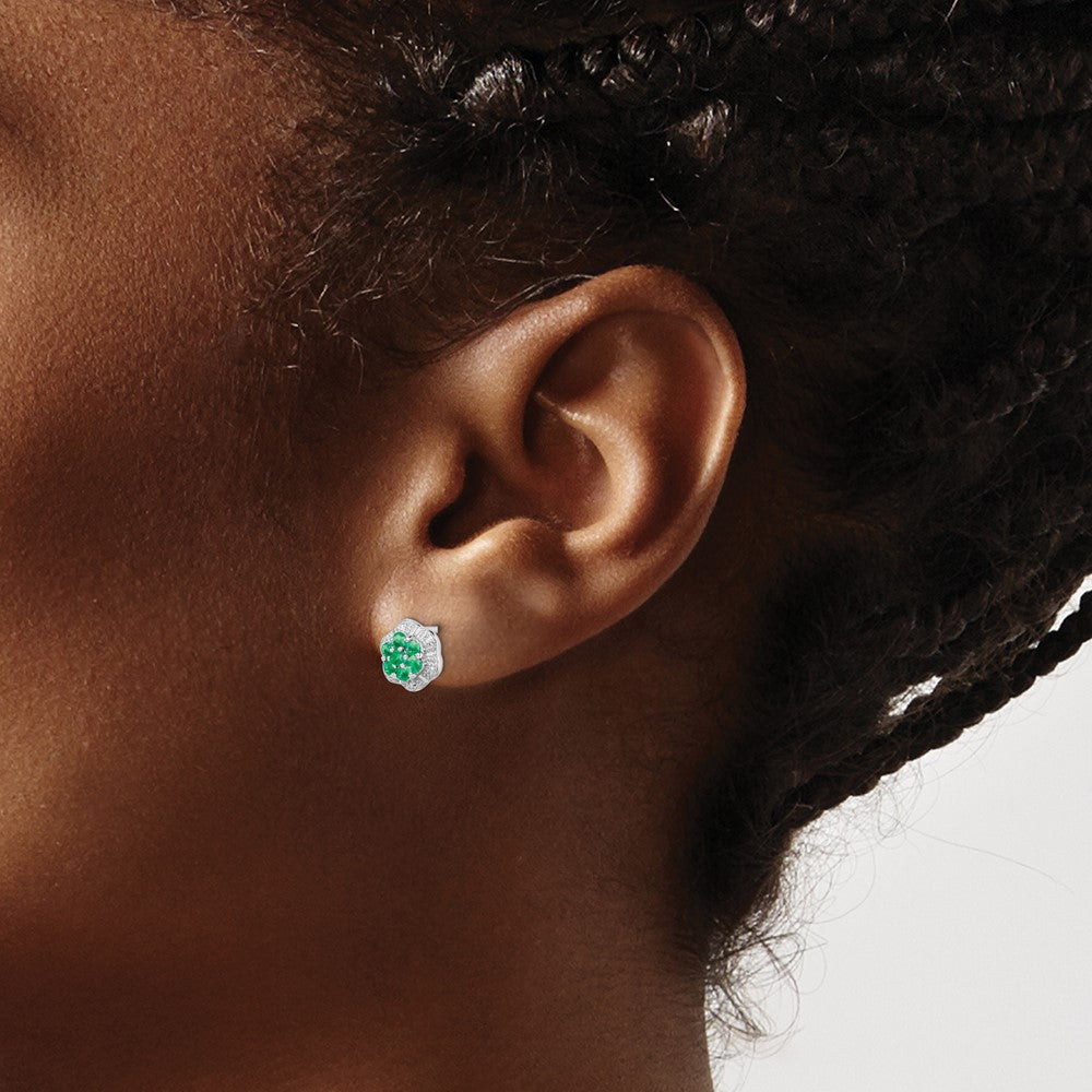 Sterling Silver Rhodium Emerald & Diamond Post Earrings