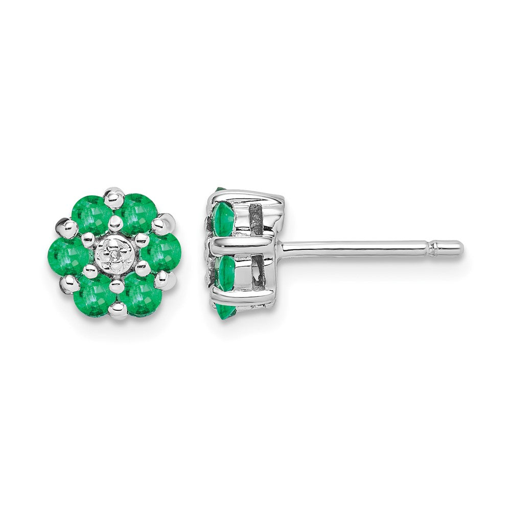 Sterling Silver Rhodium Emerald & Diamond Post Earrings