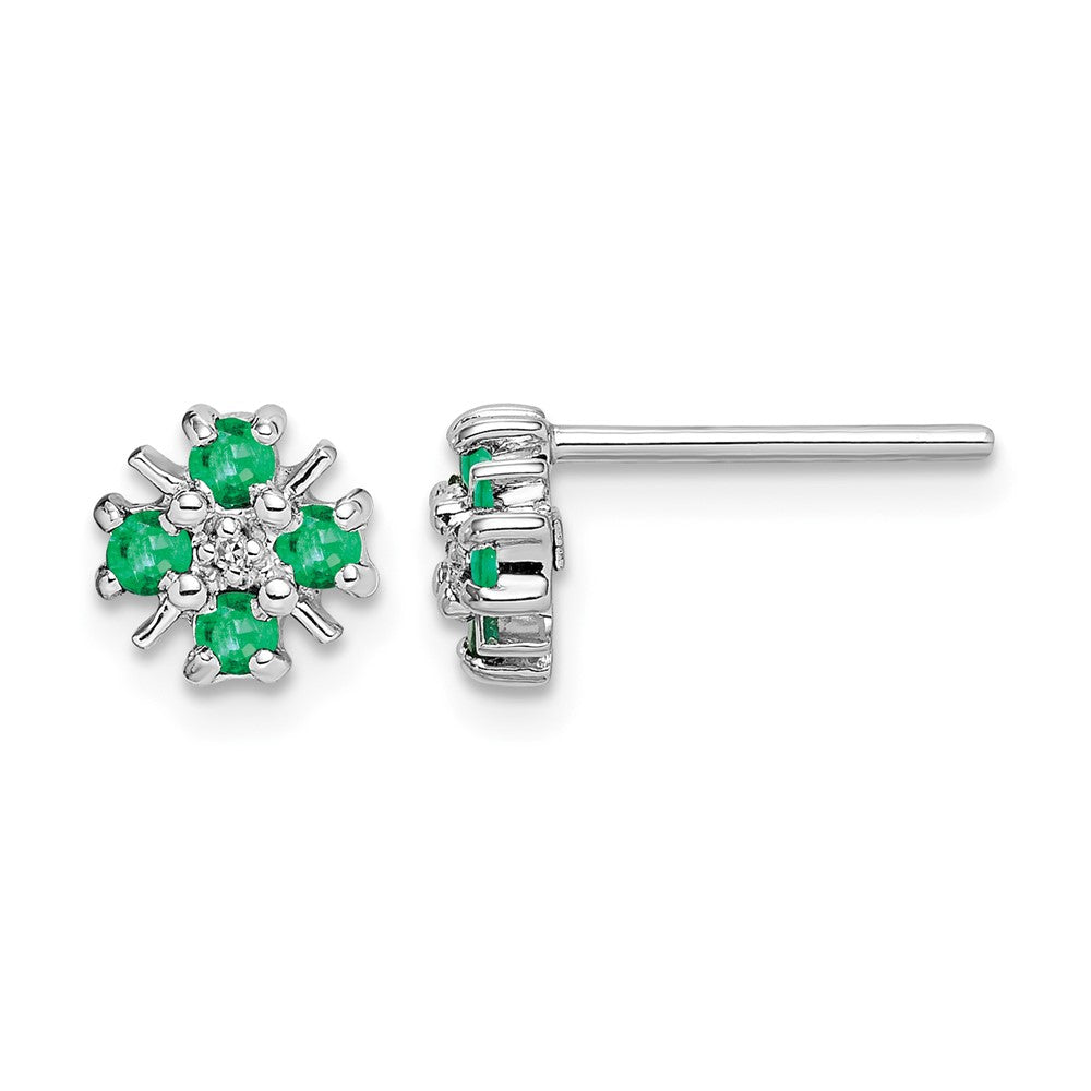 Sterling Silver Rhodium Emerald & Diamond Post Earrings
