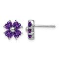 Sterling Silver Rhodium Plated Amethyst Flower Post Earrings