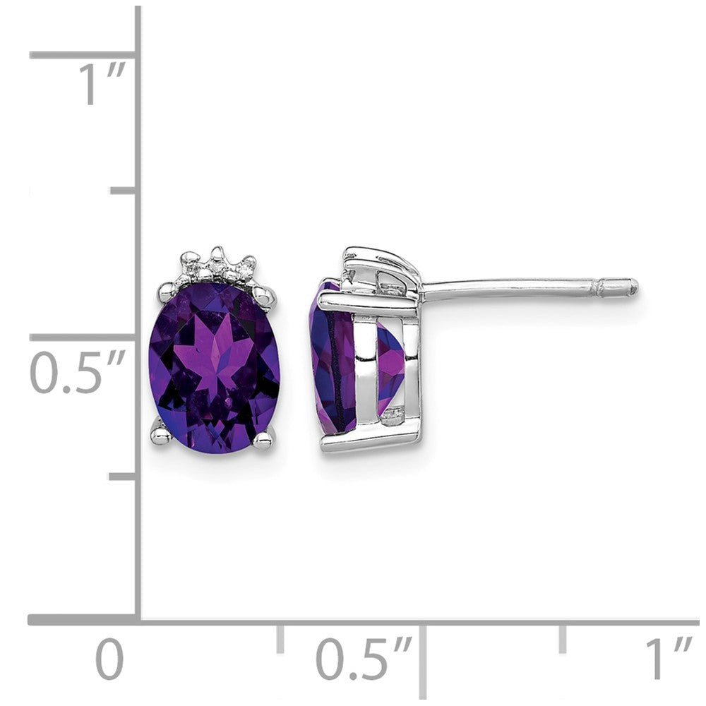 Sterling Silver Rhodium Plated Oval Amethyst and Diamond Post Earrings