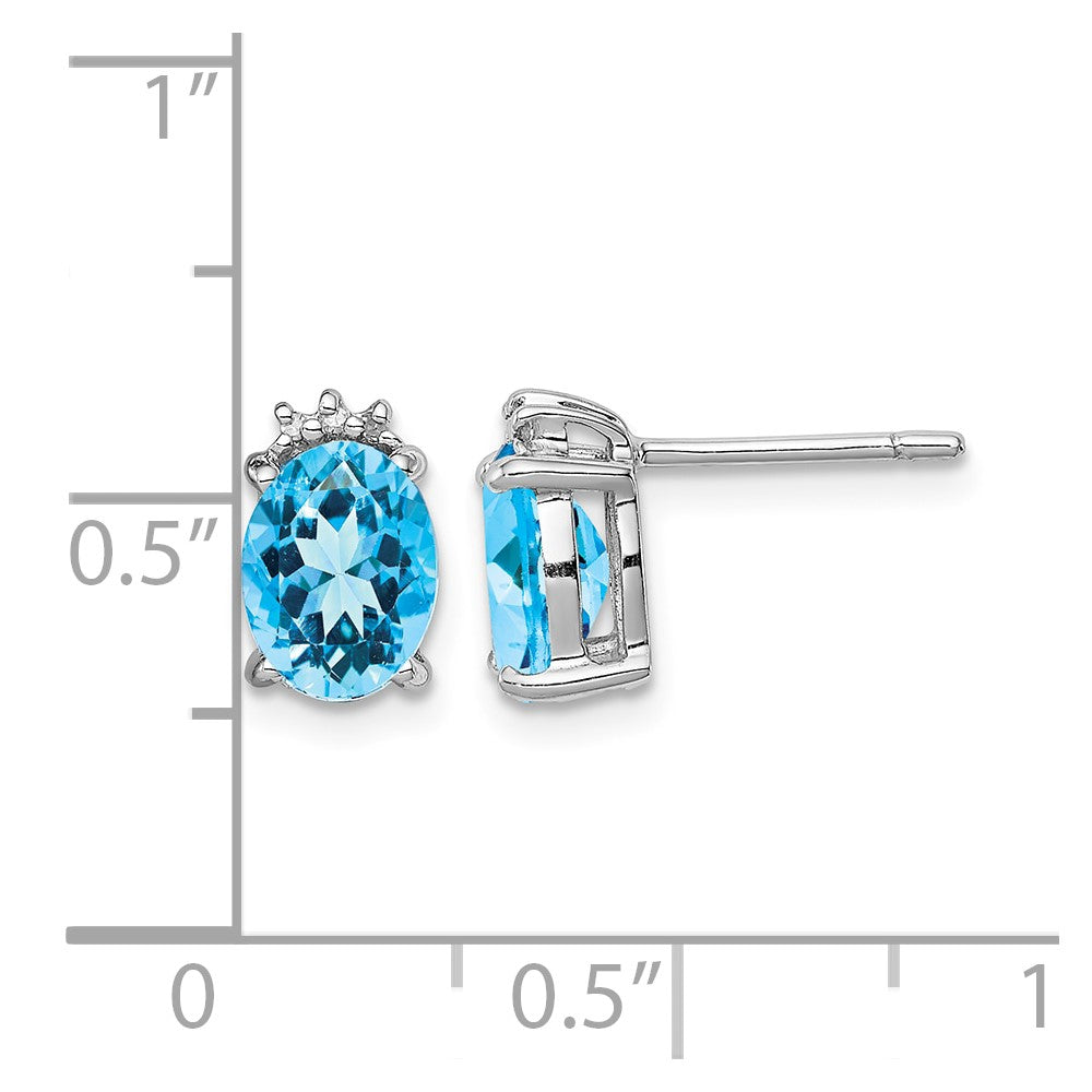 Sterling Silver Rhodium Plated Oval Blue Topaz and Diamond Post Earrings