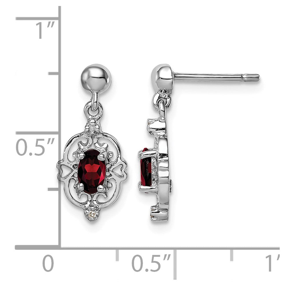 Sterling Silver Rhodium Plated Garnet and Diamond Post Earrings