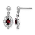 Sterling Silver Rhodium Plated Garnet and Diamond Post Earrings