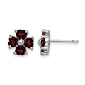Sterling Silver Rhodium Plated Garnet Flower Post Earrings