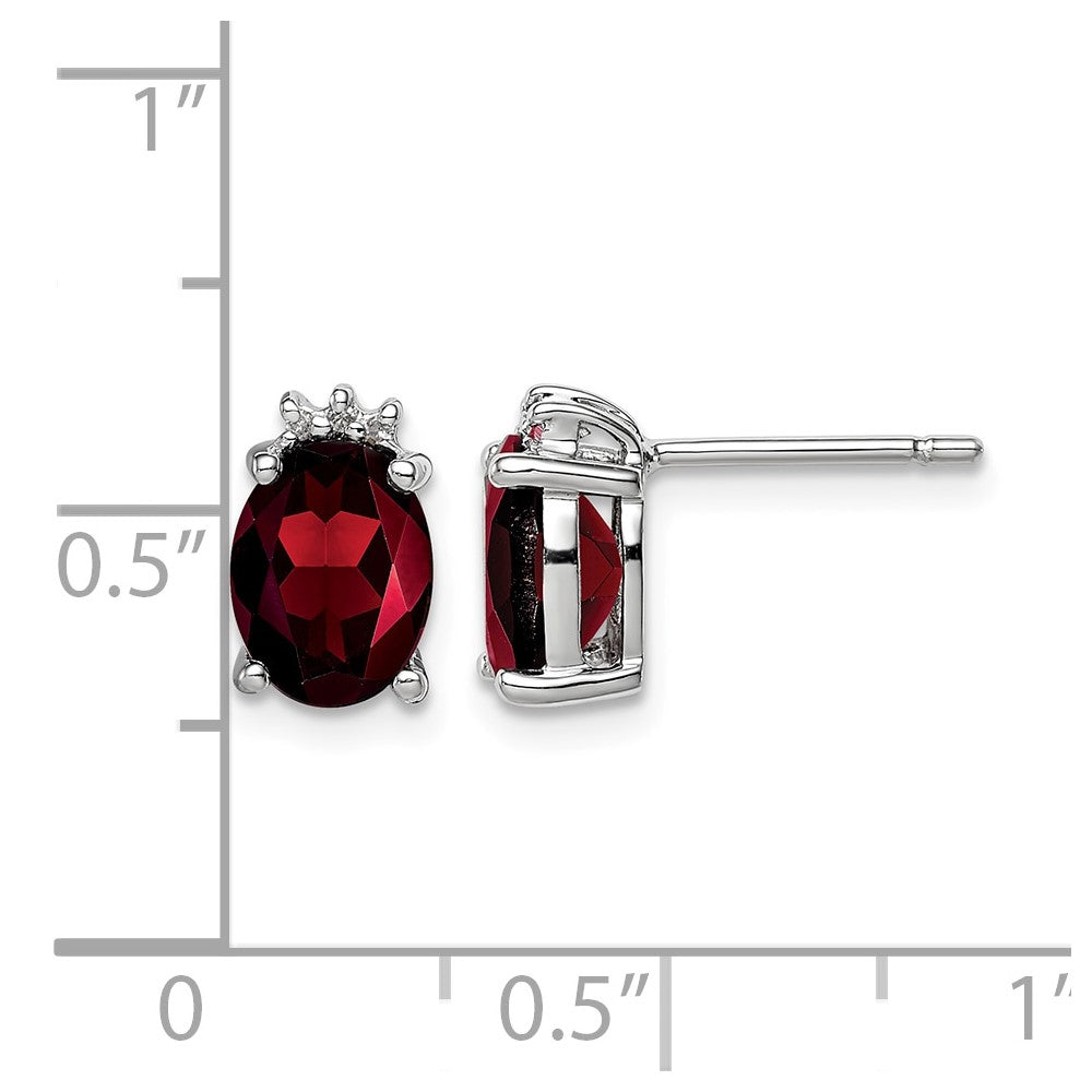 Sterling Silver Rhodium Plated Oval Garnet and Diamond Post Earrings