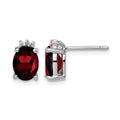 Sterling Silver Rhodium Plated Oval Garnet and Diamond Post Earrings