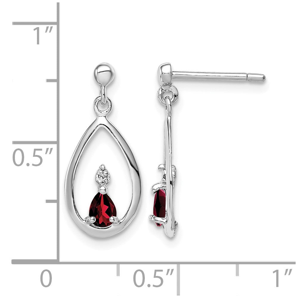 Sterling Silver Rhodium Plated Garnet and Diamond Post Earrings