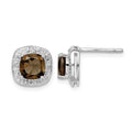 Sterling Silver Rhodium Plated Smoky Quartz and Diamond Post Earrings