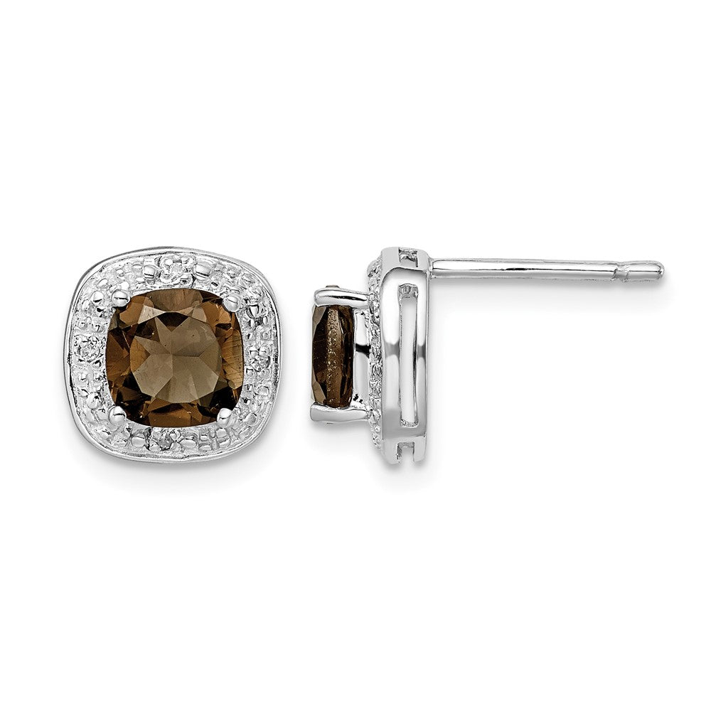 Sterling Silver Rhodium Plated Smoky Quartz and Diamond Post Earrings
