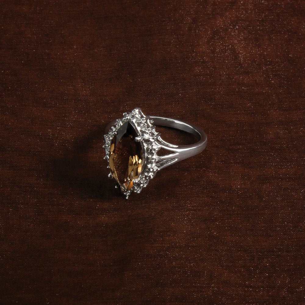 Sterling Silver Rhodium Smoky Quartz Diamond Ring